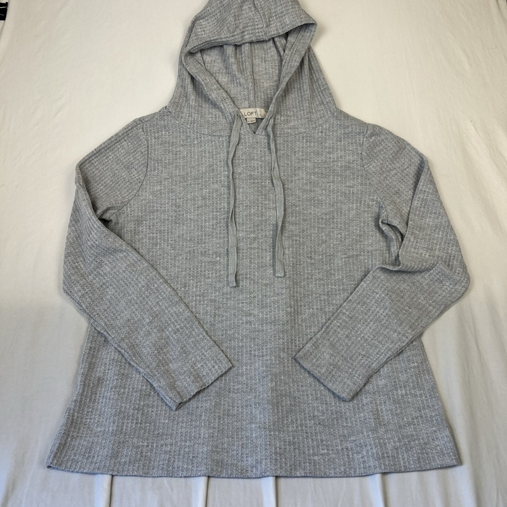 Loft Womens Gray Waffle Knit Hoodie Long Sleeve Pullover Sweater Size M